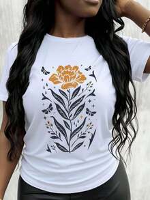 Women's Cotton T-Shirts With Floral Design, Orange Flower And Butterfly Print T-Shirt For Women, Casual Summer Clothing, Gift For Mother's Day Or Birthday, Basic Blouses For Women. - 白色 - 查看 7