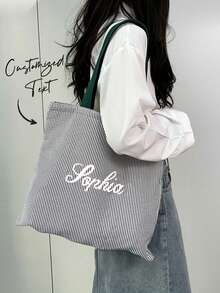Customizable Name Striped Tote Bag, Showcases Unique Style, Personalized Letter Striped Shoulder Bag, Solid Color Zipper Canvas Bag, Large Capacity Casual Bag, Multi-Color Shoulder Strap, Suitable For Travel, Students, Vacation, Outings, Mother's Day Gift, Etc. - Multicolor - View 7