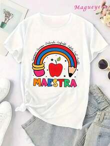 The Simple And Versatile MGY Women's Soft T-Shirt, Featuring A Rainbow-Colored Pencil Print, Makes An Ideal Gift For Teachers And Is Perfect For Back-To-School And Summer Fashion. It's Suitable For Casual Wear In All Seasons. Available In Sizes S, M, L, XL, XXL, XXXL, And Made From Pure Cotton. - 白色 - 查看 2