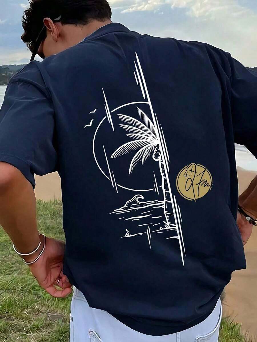 1 Piece Men's Graphic Print T-Shirt, Summer Beachwear, Loose Fit Short Sleeve T-Shirt. This Men's T-Shirt Has A Casual, Vacation-Style Design, Perfect For Beach Getaways As Well As Everyday Wear. - 藏蓝色 - 查看 1