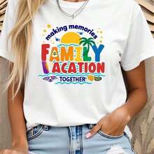 Women's Casual Summer T-Shirt "Creating Memories, Family Holidays Together," Adorned With A Vibrant Coastal-Themed Graphic Featuring The Sun, Palm Trees, And Fun Holiday Details. It Boasts A Durable, Fade-Resistant Print That Stays Vibrant Through Countless Uses And Washes, Ideal For Getaways And Group Trips, Spreading Joy. Relaxed Vibe, Celebrating Shared Warm Moments, Fashion. - 白色 - 查看 6