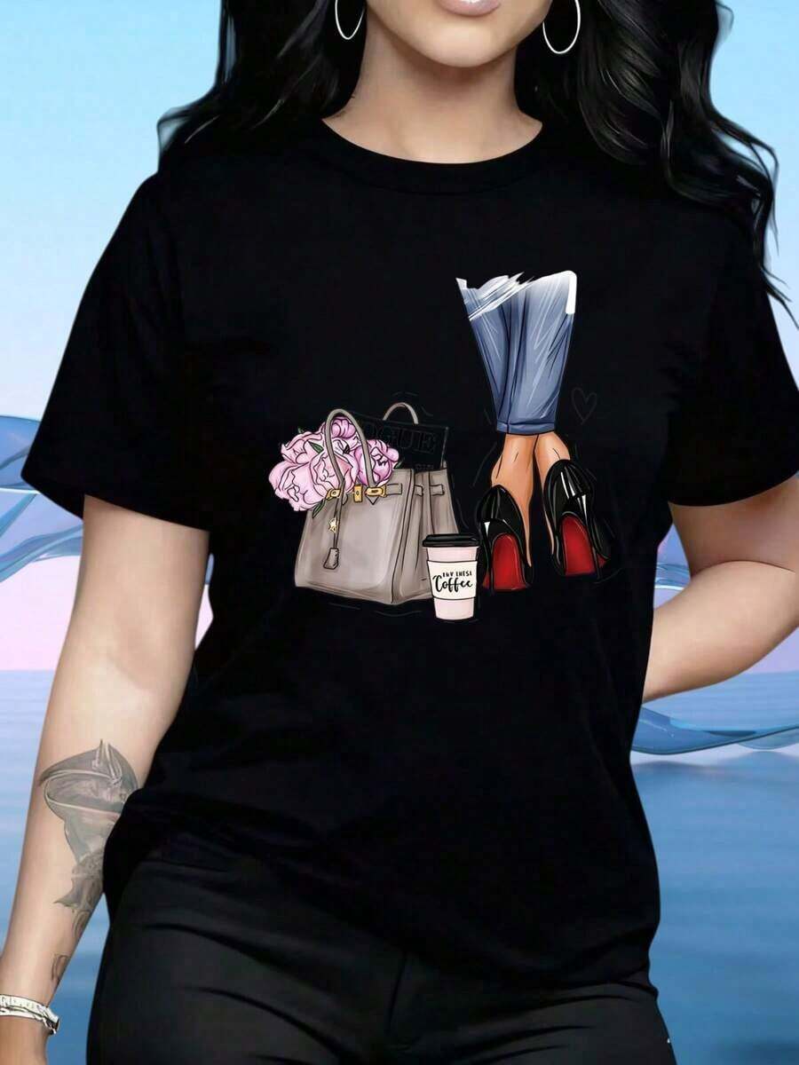 Mexican Women's T-Shirt, Fashion Graphic T-Shirt With Design Of A Woman With A Handbag, Coffee And Heels, Suitable For: Home, Sports, Parties, Valentine's Day, St. Patrick's Day, Easter, Fashionable Summer Cotton T-Shirt - 黑色 - 查看 1