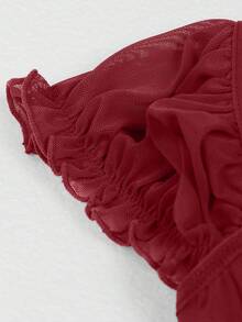 Elegant Vintage Solid Color Petal Sleeve Lace Waist Top, Heart Neckline Lace Panel Front Button Closure, Suitable For Wedding Season & Summer Vacation - Burgundy - View 9