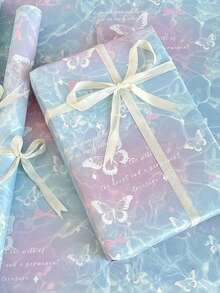 6 Sheets Butterfly Pattern Gift Wrapping Paper, Light Blue Butterfly Pattern Wrapping Paper, White Butterfly Ribbon Gift Wrapping Paper, Suitable For Birthday, Bridal, Baby Shower, Wedding, Gift Wrapping Supplies - Multicolor - View 2