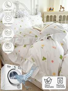 奶油色女孩風荷葉邊柔軟刷毛花卉被套 3 件組 (1 件被套 + 2 件枕套，不含被芯與枕芯)，床上用品套裝，舒適柔軟透氣溫馨百搭，四季皆可用，可機洗 - 嫩芽綠色 - 查看 7