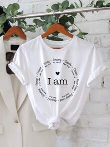 Women's T-Shirt With Letter Print - Casual Short Sleeve Top With Round Neck, Spring/Summer Essential, Machine Washable, Elegant Party Outfit, T-Shirt For Elegant Ladies, Blouses Suitable For Curvy Women, Prom Skirts, Casual Wear, Adorable Animal Print, Fun Letter Print - 白色 - 查看 7