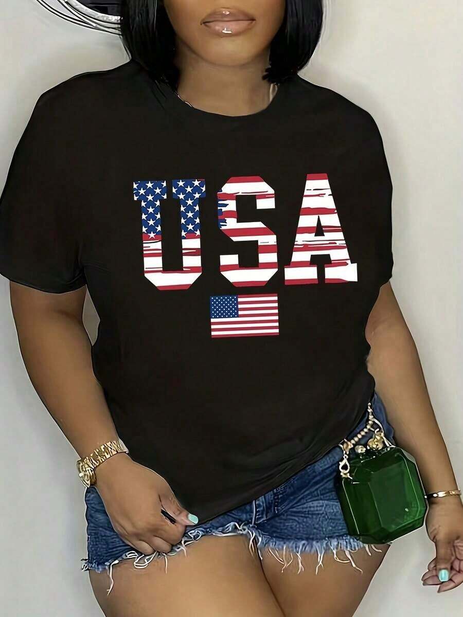 Camiseta de manga corta con cuello redondo y diseño de la bandera de EE. UU., apta para lavado a máquina. - Negro - Ver 1