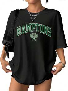Cute Unisex Premium Casual T-Shirts, Oversized Cotton T-Shirt With Hamptons Graphic Design | Soft Summer Casual T-Shirt With Tennis Print, Preppy Style, Spring And Summer Clothing, One Piece, 35% Cotton, 65% Polyester. - 黑色 - 查看 2