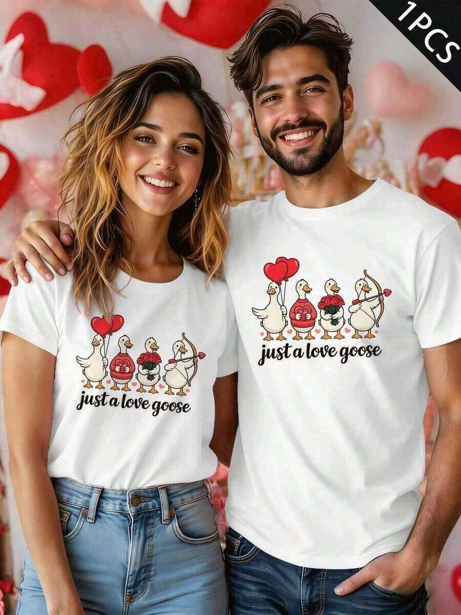Women's Blouses, Women's T-Shirt, 100% Cotton, Matching Goose Print T-Shirt For Couples, 100% Cotton, Comfortable Fit, Urban Hop Style, Breathable, Lightweight, Breathable, Summer Hit, - 白色 - 查看 1