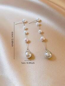 1 Pair Silver Water Drop Pearl Long Tassel Earrings, Fashionable Exquisite Unique Design Niche Versatile High-End - Silver - View 7