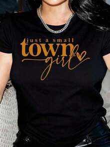 Women's Small Town Letter Print T-Shirt - Casual Short Sleeve Crew Neck Top For Summer And Spring, Black With White Letters And Heart Design, Lightweight Polyester, Women's T-Shirts - 黑色 - 查看 6