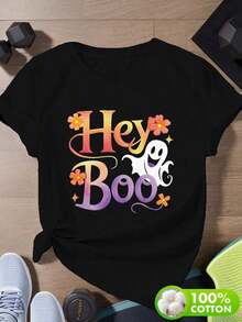 Plus Size Women's Clothing, Plus Size Short Sleeve Sports T-Shirt, Women's Ghost Flower Print Fabric, Simple And Elegant. - 黑色 - 查看 1