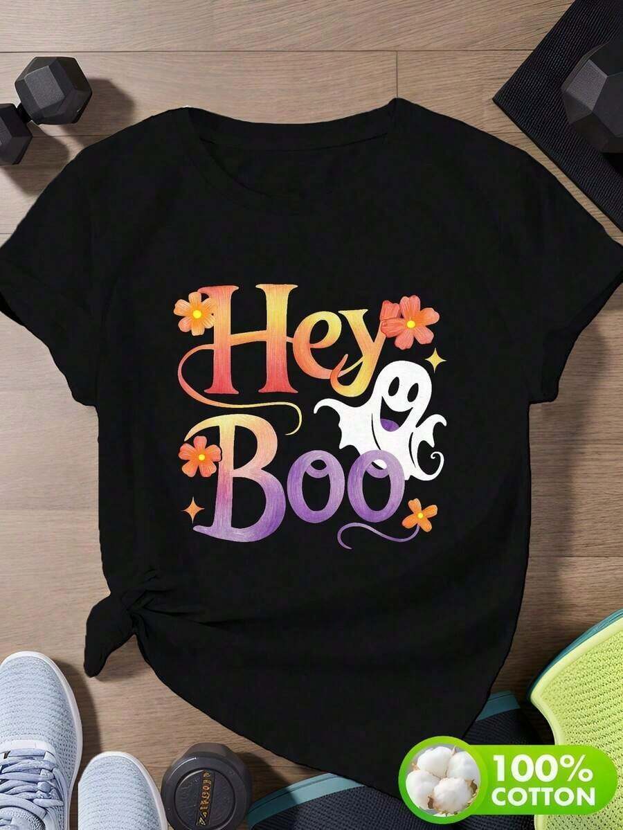 Plus Size Women's Clothing, Plus Size Short Sleeve Sports T-Shirt, Women's Ghost Flower Print Fabric, Simple And Elegant. - 黑色 - 查看 1