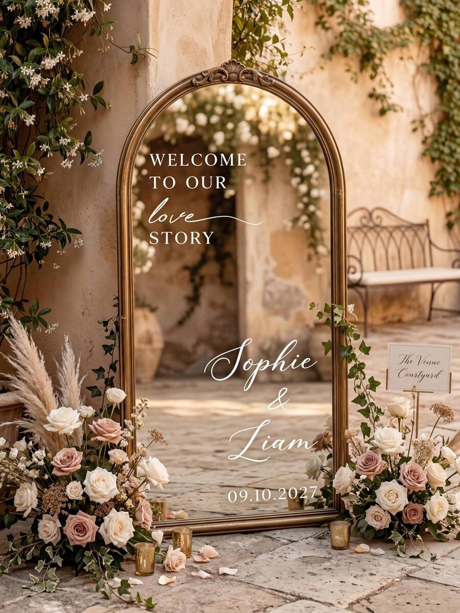 Customized Mirror Sticker Wedding Decor - Wedding Signage Decor DIY Wedding Sticker - Mirror Sticker "Welcome To The Wedding" - Customized Mirror Letter Sticker Decal - Just Married - Wedding Marriage Decor/Modern Wedding Welcome Sign/Personalized Newlyweds Name And Date/Mirror Sticker-Bridal Shower - Multicolor - View 1