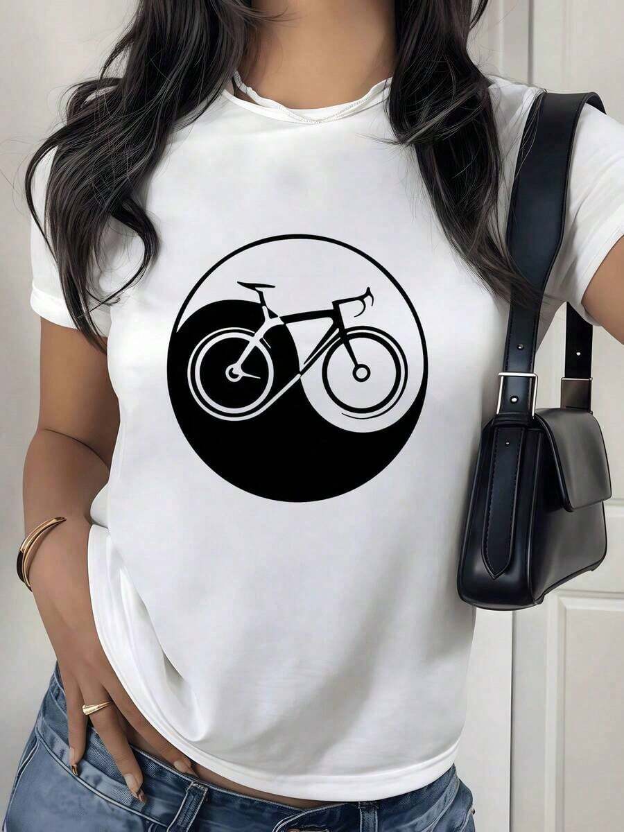 2026 New Cotton Shirt - 100% Cotton. Bicycle Symbol Integrating Balance And Energy, Representing Movement And Inner Harmony. Women's T-Shirt. Soft And Comfortable. Women's Simple Solid Color Shirt, Loose And Casual Short Sleeve - 白色的 - 查看 1