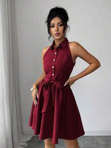 Elenzya Vestido de cuello de camisa sin mangas con tela de efecto lino de dos tonos y efecto de mezclilla, silueta en línea A, diseño elegante y romántico, adecuado para uso al aire libre - Burdeos - Ver 3