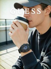 Guess Reloj de hombre con esfera azul con león en relieve, correa de silicona negra, caja de carcasa hueca de cuarzo, reloj deportivo de moda urbana y estilo hip-hop, adecuado para hombres, regalo de cumpleaños, aniversario perfecto para padre, amigo, esposo - Negro - Ver 2