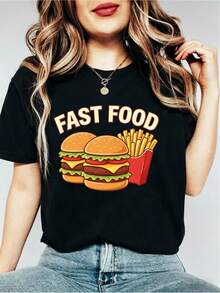 Women's Casual Sports T-Shirt With FAST FOOD Graphic - Black Elastic Crew Neck T-Shirt, Machine Washable, Comfortable Fit For All Seasons, Perfect For Fast Food Lovers And Everyday Wear. - 黑色 - 查看 6