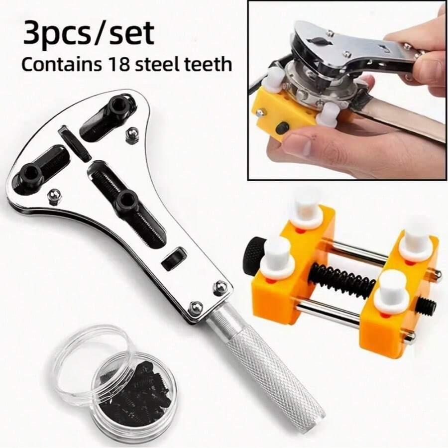 Kit de 3 piezas de herramientas de reparación de relojes (incluye 18 piezas de dientes de acero), 4 abridores de caja trasera de acero ajustable, con soporte para movimiento