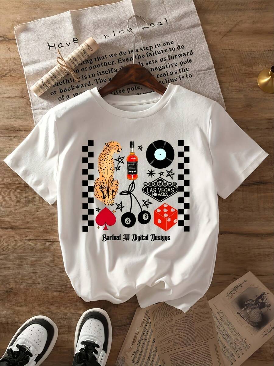 Women's Casual Summer T-Shirt, Regular Fit, With Leopard Print, Whiskey Bottle, And Las Vegas Design. | Solid Color Base, Perfect For Casual Wear, Outdoor Leisure, Or Sports. | Machine Washable | Ideal For Vacations And Parties, Regular Length, Short Sleeves, Crew Neck. - 白色 - 查看 1