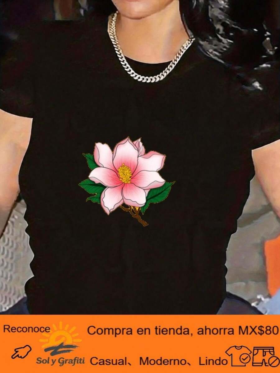 Women's Cartoon Print T-Shirt, Washable, Round Neck, Plus Sizes, Retro Sporty Style, Casual Design For Everyday Wear, Soft, Comfortable, Breathable And Washable, Women's Going Out T-Shirts - 黑色 - 查看 1