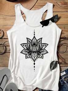 Camiseta de tirantes casual con estampado de flor de loto, apropiada para el verano - Blanco - Ver 6