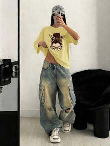 Short-Sleeved T-Shirt With A Round Neck, Relaxed Fit, And Simple Slogan Print, For Women, Ideal For Summer, Holidays, And Everyday Wear. Women's T-Shirt. White Blouses For Women. - 黃色 - 查看 9