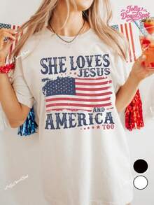 Vintage American Independence Day T-Shirt - She Loves Jesus And America Too. Featuring The American Flag Design For Independence Day Celebrations. Family Style, 100% Cotton, Suitable For All Seasons. Excellent Gift For Friends And Family. - 白色 - 查看 7