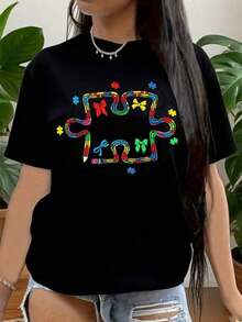 Camiseta vintage de algodón para mujer con diseño de piezas de rompecabezas coloridas y lazo, ideal para la concientización sobre el autismo, se puede usar en salidas casuales y eventos diarios. - Negro - Ver 8