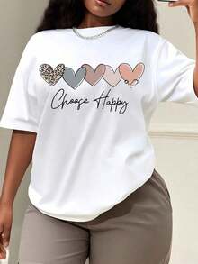 Camisetas con letras y estampados de corazones, camisetas estampadas para mujer, camisas casuales para mujer; camisetas para mujer; ropa de primavera/verano para mujer; tops - Blanco - Ver 1