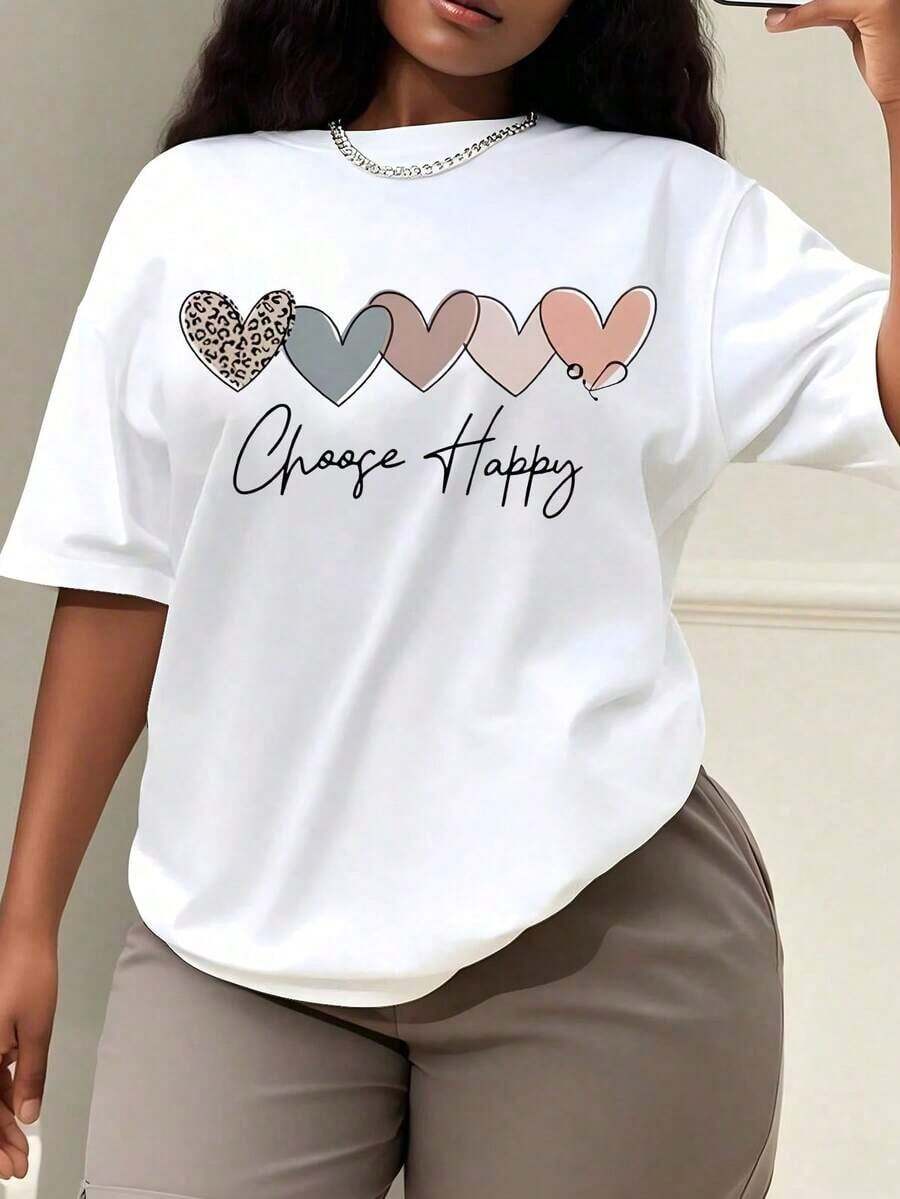 Camisetas con letras y estampados de corazones, camisetas estampadas para mujer, camisas casuales para mujer; camisetas para mujer; ropa de primavera/verano para mujer; tops - Blanco - Ver 1