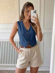 Blusa informal sin mangas de unicolor para oficina en verano, blusas sin mangas - Azul - Ver 8