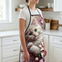 1 pieza, Delantal de poliéster con diseño de gato cocinero y girasol, adecuado para cocinar, hornear y jardinería - se puede usar como atuendo para la cocina y el comedor - Multicolor - Ver 2