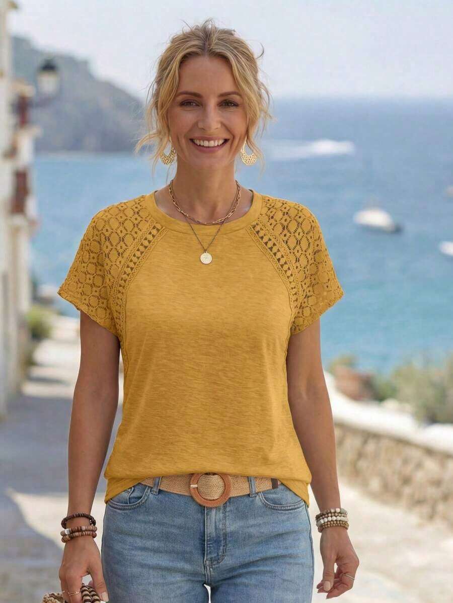 Elegante Camiseta Ajustada Con Patchwork De Encaje Y Manga Corta - Amarillo - Ver 1