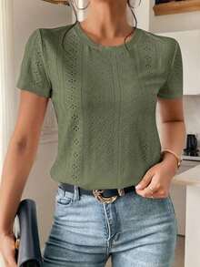Camiseta blanca de cuello redondo con bordado de ojales, minimalista para ir a la oficina, estilo antiguo y sencillo - Verde militar - Ver 1