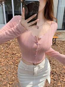 Camiseta de mujer de manga larga con rayas texturizadas y decoración de botones con forma de corazón en color rosa, adecuada para primavera y verano estilo Y2K - Rosa 2 - Ver 9