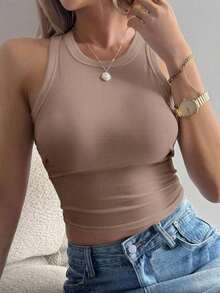 Camiseta de tirantes ajustada de unicolor casual de verano para mujer - Café integral - Ver 2