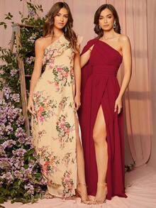 1 pieza Vestido de dama de honor con un solo hombro drapeado, elegante vestido de manga larga - Rojo - Ver 5