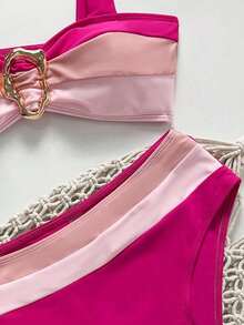 Conjunto de bikini con empalme y bloqueo de color, seductor y con Charm maduro - Rosa - Ver 4