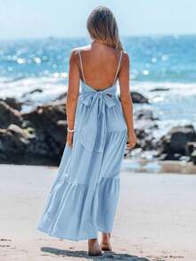 Vestido casual sin mangas con lazo para primavera y verano, atuendos de verano para mujer, vestidos de verano para mujer, atuendos de vacaciones, vestido de playa de verano para mujer, vestido de vacaciones estilo boho y fairycore, vestido sin esp - Celeste - Ver 7