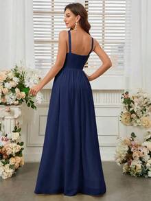 Belle Vestido de dama de honor con cuello de halter de unicolor, cintura imperio y abertura frontal alta.Elegante vestido color púrpura claro para boda. - Azul marino - Ver 2