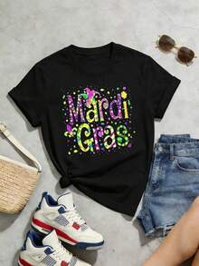 Camiseta de manga corta con cuello redondo suave y casual para mujer, ideal para conjuntos de primavera y verano, con estampado gráfico de texto de Mardi Gras. Negro. - Blanco - Ver 5