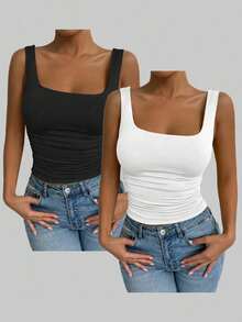 Conjunto de dos piezas de camiseta de tirantes ajustada en verde y blanco, estilo sexy de club, atuendo de festival y carnaval, atuendo de cumpleaños de mujer, atuendo romántico para citas, atuendo de concierto, esencial para fiestas, atuendo diario, atuendo deportivo casual, estilo de vacaciones - Multicolor 2 - Ver 8