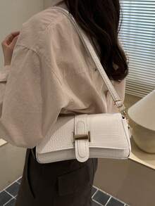 1个女士新款鳄鱼纹压花纯色时尚单肩包，带肩带装饰，休闲法棍包，翻盖开口，可装手机和零钱，适合日常通勤、旅行、购物 - 白色 - 查看 5