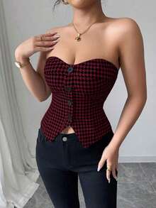 Top corto sin mangas con botones delanteros y estampado de pata de gallo, para uso en oficina o viajes, de moda para el verano - Burdeos - Ver 6