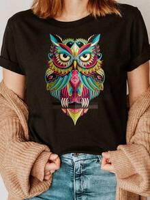100% Algodón Premium 180g : Camiseta única con diseño de búho colorido y vibrante estilo y2k ideal para destacar tu personalidad en cualquier ocasión perfecta para amantes de la naturaleza y la moda mexicana combina comodidad y originalidad en una sola pieza. Ropa de Moda Casual Suave y Transpirable para Diario - Negro - Ver 6