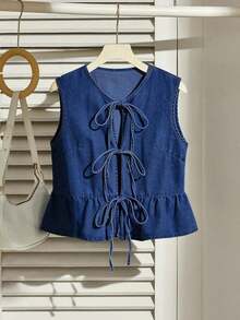 Chaleco de mezclilla casual de mujer con lazo anudado, dobladillo con volantes y color azul - Azul lavado oscuro - Ver 1