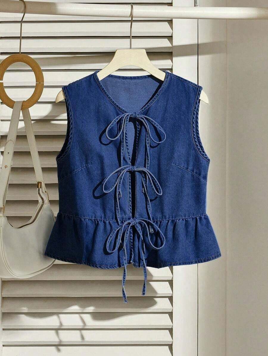 Chaleco de mezclilla casual de mujer con lazo anudado, dobladillo con volantes y color azul - Azul lavado oscuro - Ver 1