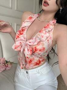 Elegante camiseta de tirantes con cuello halter, volantes y lunares estilo francés - Rosa - Ver 6