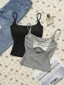 2 piezas Conjunto de camisola sin espalda ajustada para mujer, Camisola sin espalda de verano para mujer, Adecuado para el transporte diario, citas, fiestas, otoño/invierno/verano, Navidad, Año Nuevo, Acción de Gracias, fiestas, bodas, playa, ceremonias de graduación, de moda, elegante, casual, salidas, citas, reservas, transporte, brillante, Día de San Valentín, elegante, vacaciones, casual, Y2K, salidas, ceremonias de graduación y otras ocasiones. - Negro - Ver 6